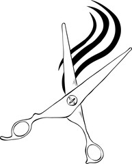 Scissors and hair sign for beauty Salon composition. Vector graphic line ink illustration. Silhouette sign for logo, print, comics, fashion, pop art, boards, design, stickers, decoration, posters