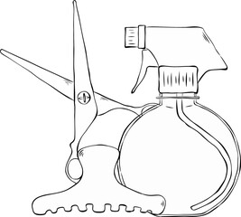Scissors, spray bottle, hair clip Salon composition. Vector graphic line ink illustration. Barbershop symbols. For poster, flyer, banner, invitation, social media, party or sale