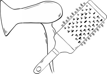 Hair Drier and brushing comb Salon composition. Vector graphic line ink illustration. flat icon. Thin line signs of beauty for design logo, visit card, etc. For logo, web, package, sticker.