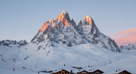 Majestic snowy mountains glow with warm sunset light