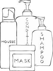 Mousse, mask, conditioner, Shampoo Salon composition. Vector graphic line ink illustration. icon. background for banners, print for fabric, labels, t-shirt printing.