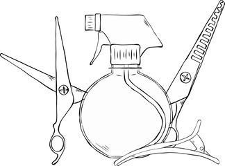 Haircut items Salon composition. Vector graphic line ink illustration. scissors, spray bottle, clips design for fashion graphics, textile prints, fabrics, wallpapers.