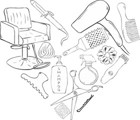 Hair salon items symbols Salon heart shape composition. Vector graphic line ink illustration. Banner, poster, wrapping paper, sticker, print, modern textile design.