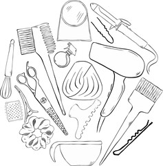 Hair salon symbols and items Salon round circle composition. Vector graphic line ink illustration. background for banners, print for fabric, labels, t-shirt printing. For logo, web, package, sticker.