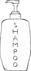 Plastic pump bottle shampoo Salon composition. Vector graphic line ink illustration. Bottle with dispenser Perfect for cards, decorations, stickers, logo, menu, various designs.