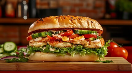 Delicious Chicken Burger with Fresh Vegetables on a Wooden Board Displayed in Restaurant