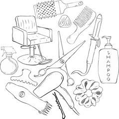Beauty tools Salon round circle composition. Vector graphic line ink illustration. with curling iron, comb, hair dryer, spray bottle with cosmetics and electric shaver.