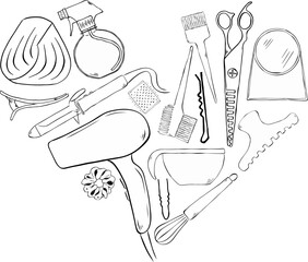 Hair salon symbols and items Salon heart shape composition. Vector graphic line ink illustration. design for fashion graphics, textile prints, fabrics, wallpapers. social media, party or sale