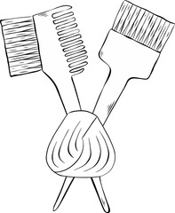 Hair coloring brush, comb and curl Salon composition. Vector graphic line ink illustration. Banner, poster, wrapping paper, sticker, print, modern textile design.