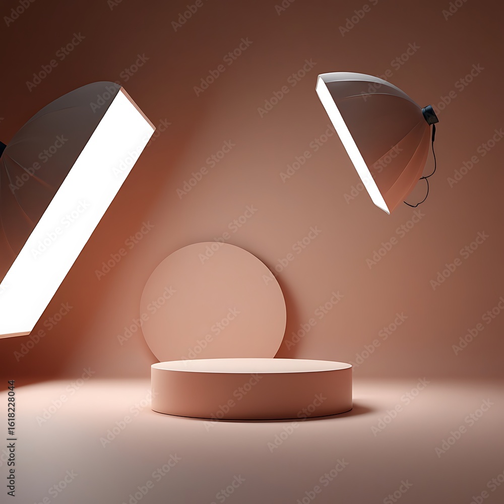 Poster a minimalist studio scene with a round display platform and soft lighting
