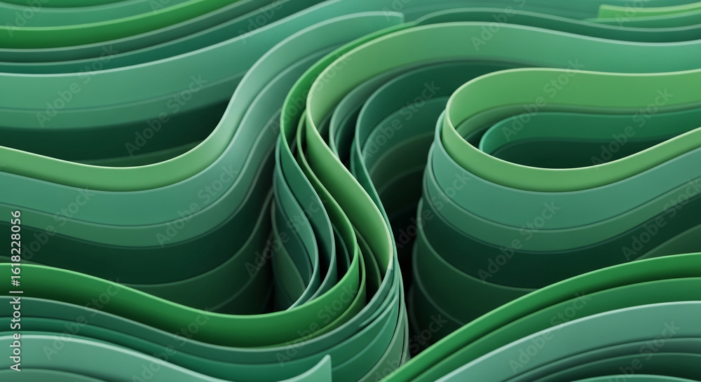 Poster abstract image of layered green ribbons creating a wavy, flowing pattern, showcasing a sense of move