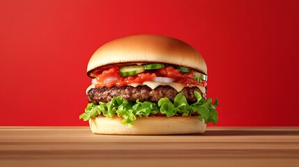 Delicious Hamburger with Lettuce, Tomato Relish, Cucumber, and Onion on a Wooden Surface