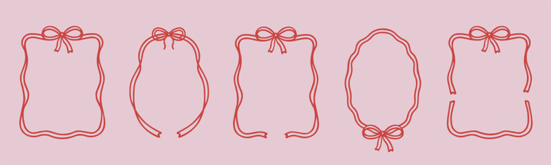 Whimsical wedding frame doodle set. Coquette boarders with bows and ribbons in sketch style. Hand drawn Vintage vector illustration for Valentine’s Day, wedding invitations.