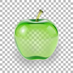 Green apple illustration. Shiny fruit diet fresh healthy. Nutrition wellness fitness food web design. Glossy transparent background vector