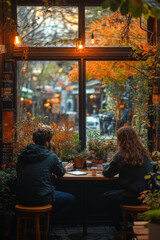 Naklejka premium people sitting at a table in front of a window.