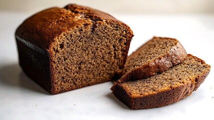 Delicious Fresh Baked Banana Bread Loaf with Two Slices on White Surface