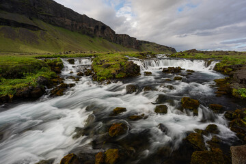 Wide view of Fossalar waterfall in Iceland.