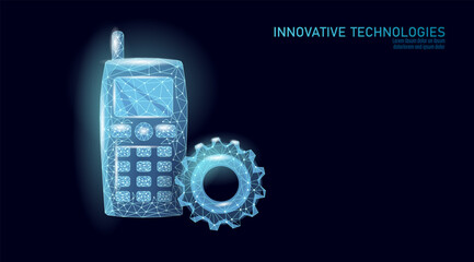 Old mobile phone with gear. Retro cell phone represents technical solutions and progress. Technology communication telecommunication development. Low poly neon dark background vector illustration