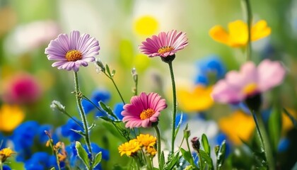 A Vibrant Spring Meadow Filled with Colorful Wildflowers Under a Bright Blue Sky in the Countryside
