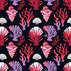 Underwater Harmony: A vibrant display of marine life showcases intricate coral formations, spiraling seashells and organic shapes that represent the beauty of the ocean.