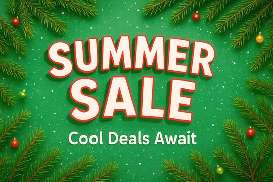 Festive green background with pine branches and colorful ornaments surrounding bold text "Summer Sale" and "Cool Deals Await", conveying a holiday discount theme.