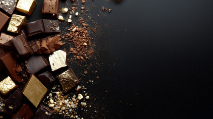 Chocolate border on black creates copy space for sweet design. Dark chocolate, gourmet, nuts, gold leaf border photo for marketing, editorial, web.