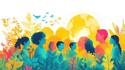 Environmental awareness campaigns highlighting pollution issues, clean air, water conservation, diverse activists, nature preservation, community involvement, impactful colorful environmental visuals