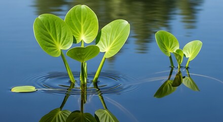 Vibrant green leaves float on calm blue water surface