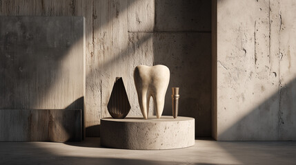 Backlit tooth sculpture embedded in marble block illuminated by natural light in elegant interior