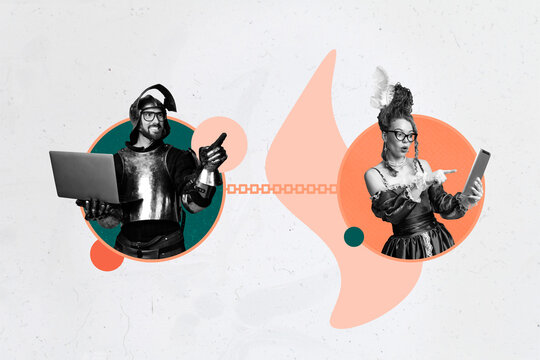 Sketch template design photo collage of knight armor young man prince hold laptop remote device online lady type tablet retro meet modern