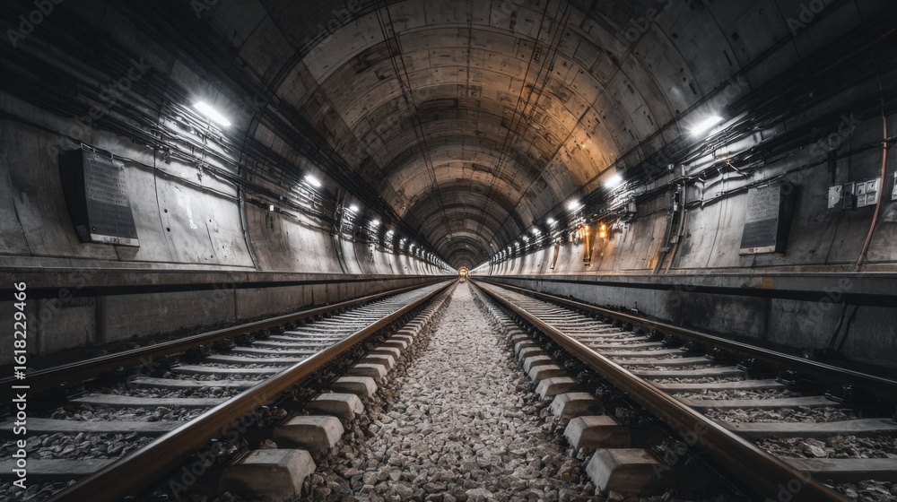 Poster a long perspective shot of an empty subway tunnel, with illuminated track rails and smooth, curved w