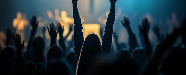 people raising their hands in worship at a church, with a cross on the stage background	
