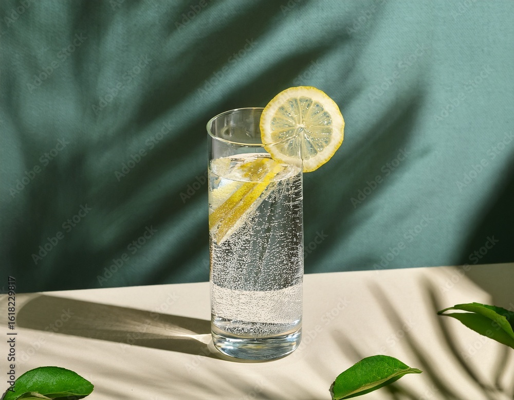 Poster a glass of sparkling water with a lemon slice is on a surface with leafy shadows in the background r