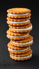 A stack of round, golden-brown cookies with a white cream filling are neatly stacked on top of each other, positioned in the center of the image.