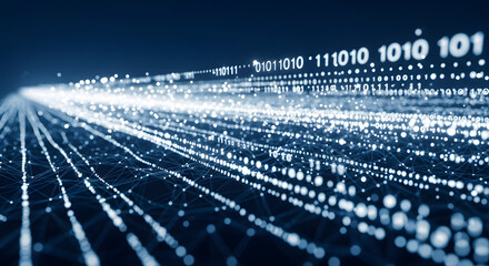 Abstract digital data stream flowing through a network, visualized as glowing lines and binary code.