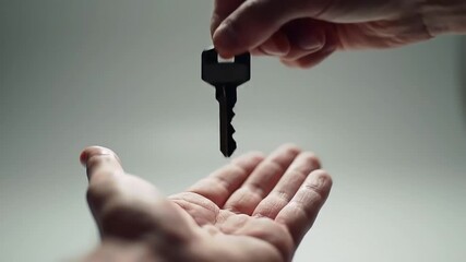 A silver key being transferred from one open hand into another in a softly lit, greyish, neutral toned close-up shot