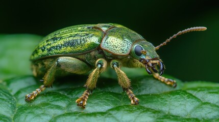 Fototapeta premium Close-up of a vibrant green beetle on a leaf (3)