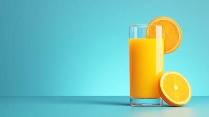 Orange juice glistens in glass with orange slices. For healthy lifestyle, breakfast, design, ads, web use. Refreshing, vibrant, energizing.