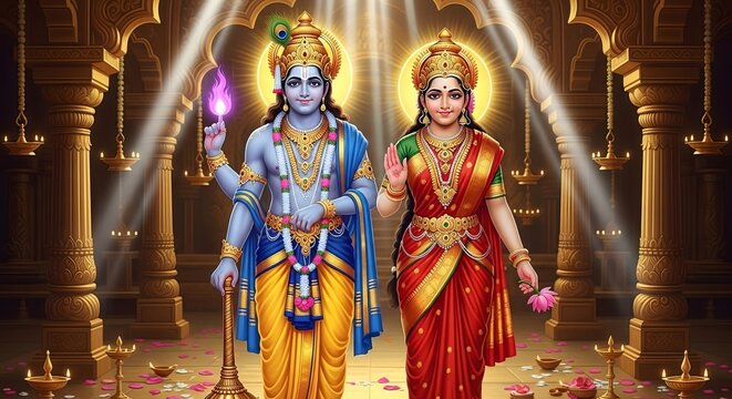 Explore lord vishnu and lakshmi divine couple hindu god goddess spiritual art wallpaper image