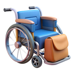 A blue and gray manual wheelchair with an attached orange bag isolated on transparent background
