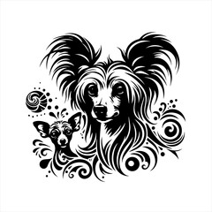 Fototapeta premium Stylized Black and White Dog Portraits with Decorative Elements.