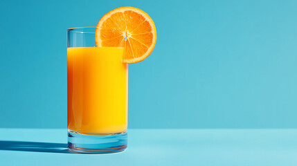 Orange juice fills glass with slice against blue. Represents health, vitamins, breakfast. Use for marketing, advertising, web design, editorial.