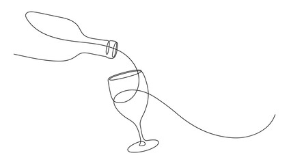 Bottle pouring wine into glass. Continuous line drawing.