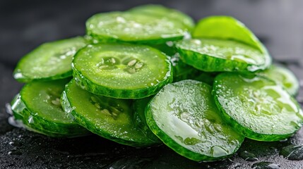 Fresh, glistening cucumber slices stacked on a dark surface, showcasing their vibrant green color and juicy texture.