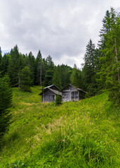 Scenic view of traditional old wooden cabins nestled among evergreen conifer trees in the Dolomites Alps, Italy. Mountain landscape, travel, nature, hiking.