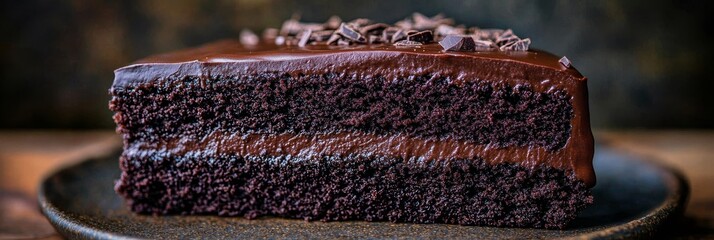 Decadent Layered Chocolate Cake Slice With Rich Ganache, Chocolate Shavings, And Sweet Indulgence