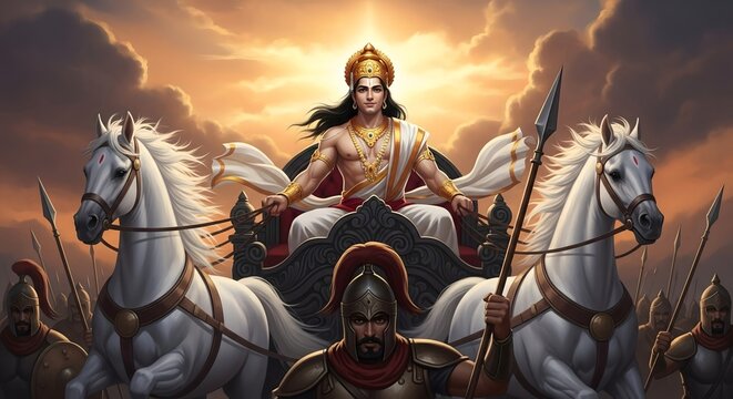 Explore the majestic depiction of surya the sun god riding his chariot with horses and warriors