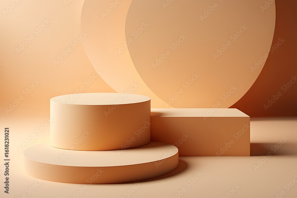 Poster a minimalist display stage with round and rectangular pedestals in neutral tones