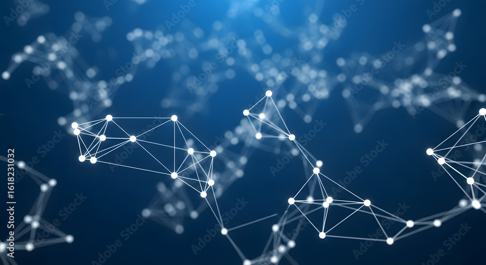 Aufkleber abstract digital network of connected nodes floating against a dark blue background.