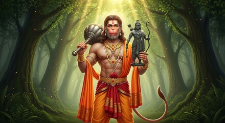 Hanuman hindu god illustration of indian deity with gada and rama statue in forest light